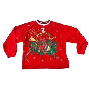 Vintage‎ 90s Nut Cracker Christmas Graphic Gold Glitter Red Sweatshirt Size M